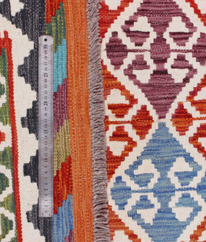 Handwoven Kelim-Chobi Oriental rug from Orientmattor, 293 x 198 cm, detailed traditional geometric patterns on fabric.