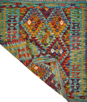 Handwoven Kilim Chobi Kelim rug with intricate patterns, from Orientmattor, featuring traditional craftsmanship and vibrant colors.
