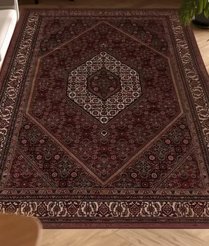 Orientmattor Bidjar 55195 classic carpet on a wooden floor, showcasing intricate patterns and rich colors.