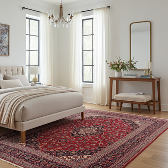Orientmattor Kashan 59573 classic carpet with intricate geometric patterns in warm tones, displayed on a wooden floor.