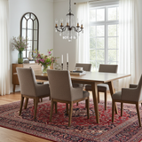 Orientmattor Kashan 59573 classic carpet with intricate patterns, featuring warm beige and brown tones, displayed on a wooden floor.