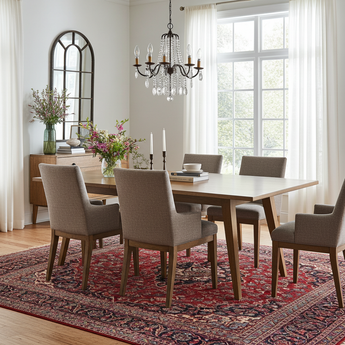 Orientmattor Kashan 59573 classic carpet with intricate patterns, featuring warm beige and brown tones, displayed on a wooden floor.
