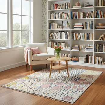 Colorful Moroccan 64878 design carpet by Orientmattor with intricate patterns on a neutral background.