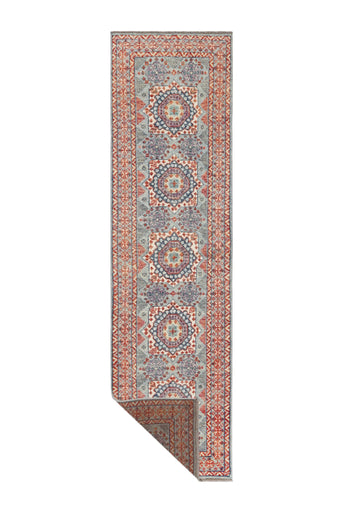Handwoven Gabbeh rug in Abshar Oriental style, 290 x 80 cm, featuring intricate patterns and warm earthy tones.