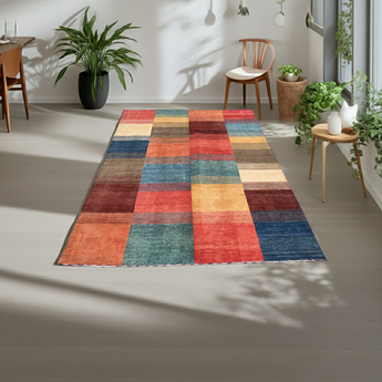 Handwoven Gabbeh Oriental rug by Orientmattor, 193x148 cm, with intricate geometric patterns and rich earthy tones.