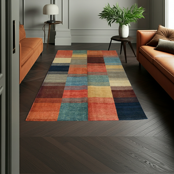 Colorful Gabbeh Oriental handwoven rug from Orientmattor, 195x147 cm with intricate geometric patterns.