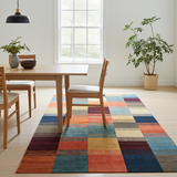 Handwoven Gabbeh Oriental rug by Orientmattor, 296x194 cm, featuring intricate patterns and rich colors in detailed craftsmanship.