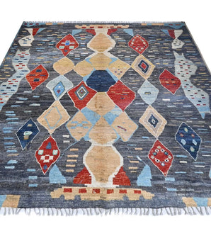 Handwoven Oriental Gabbeh rug by Orientmattor, Moroccan style, 294x260 cm with intricate patterns and vibrant colors.