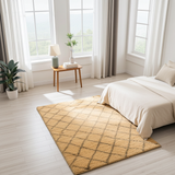 Moroccan Gabbeh rug by Orientmattor featuring traditional geometric patterns in earthy tones, laid out on a wooden floor.