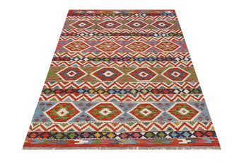 Handwoven Kelim-Chobi Oriental rug by Orientmattor, 190 x 144 cm, detailed traditional geometric patterns on a vibrant textile.