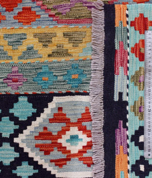 Handwoven Kelim-Chobi Oriental rug by Orientmattor, 199x125 cm, featuring traditional geometric patterns and rich earthy tones.