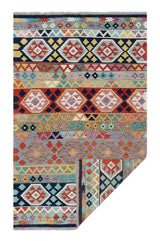 Handwoven Kelim Oriental rug by Orientmattor, 199x125 cm, featuring traditional geometric patterns and rich colors.