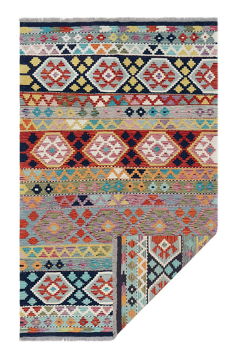 Handwoven Kelim Oriental rug by Orientmattor, 199x125 cm, featuring traditional geometric patterns and rich colors.
