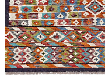 Handwoven Kelim-Chobi Oriental rug by Orientmattor, 228x173 cm, showing intricate geometric patterns and rich earthy tones.