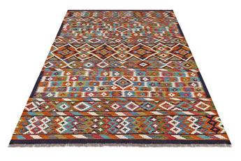 Handwoven Kelim Chobi Oriental rug by Orientmattor, 228 x 173 cm, showcasing intricate patterns and warm earthy tones.