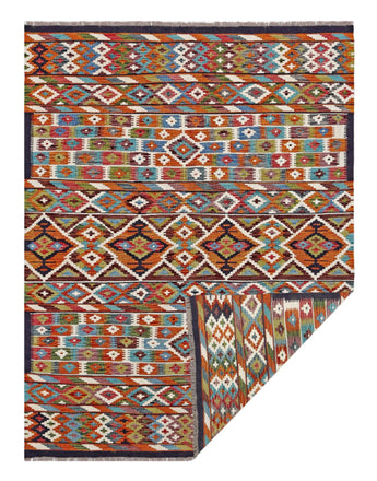 Handwoven Kelim-Chobi Oriental rug by Orientmattor, 228 x 173 cm, featuring traditional geometric patterns.