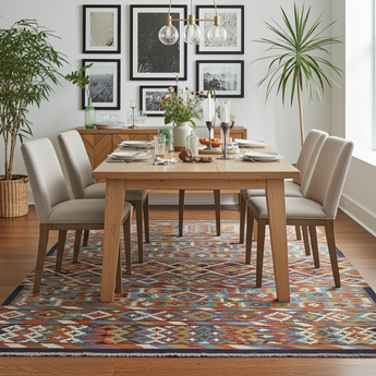 Handwoven Kelim Chobi Oriental rug by Orientmattor, 228x173 cm, featuring traditional geometric patterns and rich earthy tones.