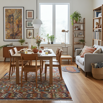 Handwoven Kelim-Chobi Oriental rug from Orientmattor, 228 x 173 cm, featuring traditional geometric patterns and earthy tones.