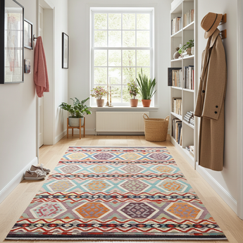 Handwoven Kelim Chobi Oriental rug by Orientmattor, 240x173 cm, detailed geometric pattern in earthy tones.