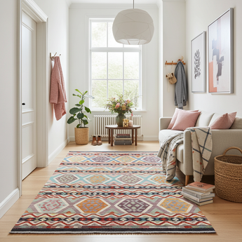 Handwoven Kelim Chobi Oriental rug by Orientmattor, 240x173 cm, featuring traditional geometric patterns and rich colors.