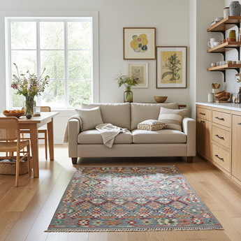 Handwoven Kelim Chobi Oriental rug by Orientmattor, 245x180 cm, showcasing intricate geometric patterns and rich earthy tones.