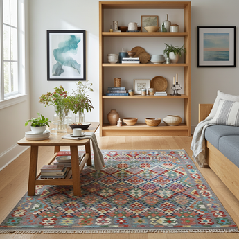 Handwoven Kelim-Chobi oriental rug by Orientmattor, 245x180 cm, featuring intricate traditional patterns and rich colors.