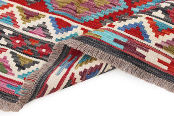 Handwoven Kelim Chobi Oriental rug by Orientmattor, 250 x 175 cm, detailed geometric patterns and rich colors in the image.