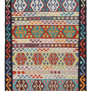 Handwoven Kelim-Chobi Oriental rug by Orientmattor, 252 x 169 cm, featuring traditional geometric patterns on a vibrant background.