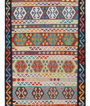 Handwoven Kelim-Chobi Oriental rug by Orientmattor, 252 x 169 cm, featuring traditional geometric patterns on a vibrant background.