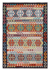 Handwoven Kelim-Chobi Oriental rug by Orientmattor, 252 x 169 cm, featuring traditional geometric patterns on a vibrant background.