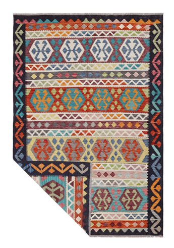 Handwoven Kelim Chobi Oriental rug by Orientmattor, 252 x 169 cm with intricate traditional patterns in warm tones.