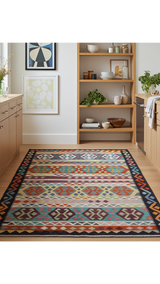 Handwoven Kelim Chobi Oriental rug by Orientmattor, 252x169 cm, featuring traditional geometric patterns and rich earthy tones.