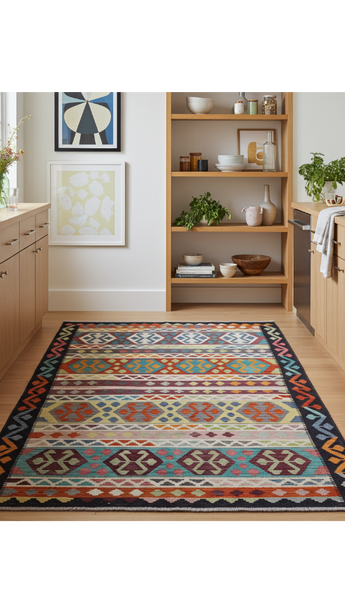 Handwoven Kelim Chobi Oriental rug by Orientmattor, 252x169 cm, featuring traditional geometric patterns and rich earthy tones.