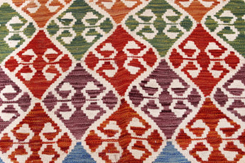 Handwoven Kelim Chobi Oriental rug by Orientmattor, 293 x 198 cm, detailed geometric patterns and rich colors.
