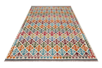 Handwoven Kelim-Chobi Oriental rug by Orientmattor, 296 x 207 cm, detailed traditional geometric patterns on woven surface.