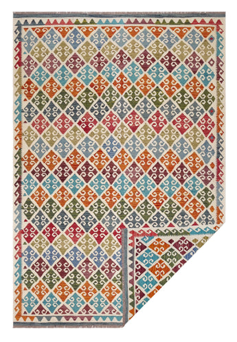Handwoven Kelim Chobi Oriental rug by Orientmattor, 296 x 207 cm, featuring traditional geometric patterns and vibrant colors.