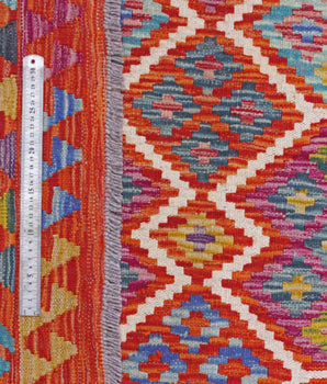 Handwoven Kelim Chobi Oriental rug by Orientmattor, 303x210 cm, showcasing intricate traditional geometric patterns.