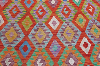 Handwoven Kelim Chobi Oriental rug by Orientmattor, 485x412 cm, detailed geometric patterns on a traditional woven textile.
