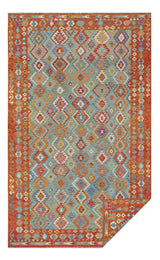 Handwoven Kelim Oriental rug by Orientmattor, 489x301 cm, featuring intricate patterns and vibrant colors on a woven surface.