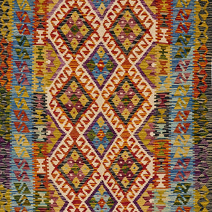 Handwoven Kelim Chobi Kilim rug with intricate geometric patterns, showcasing vibrant colors and traditional craftsmanship.