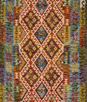 Handwoven Kelim Chobi Kilim rug with intricate geometric patterns, showcasing vibrant colors and traditional craftsmanship.
