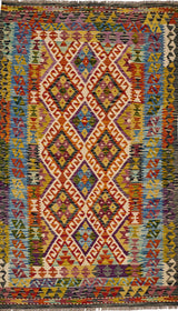 Handwoven Kelim Chobi Kilim rug with intricate geometric patterns, showcasing vibrant colors and traditional craftsmanship.
