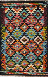 Afghan Kilim Chobi rug 119x79 cm with colorful geometric pattern in wool