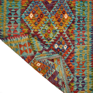Handwoven Kilim Chobi Kelim rug with intricate patterns, from Orientmattor, featuring traditional craftsmanship and vibrant colors.