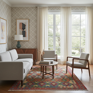 Handwoven Kelim Chobi rug from Orientmattor featuring intricate geometric patterns and warm earthy tones.
