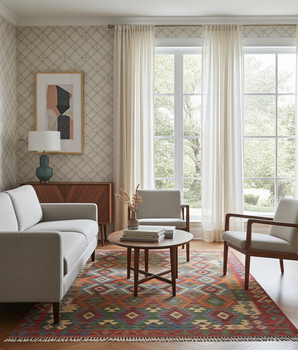Handwoven Kelim Chobi rug from Orientmattor featuring intricate geometric patterns and warm earthy tones.