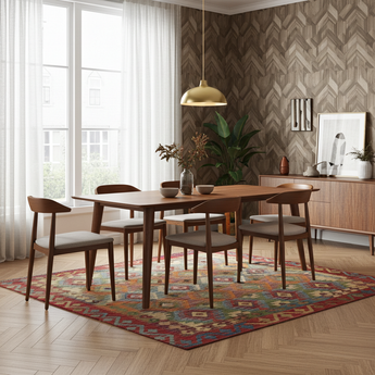 Orientmattor Kelim Chobi 62460 rug with intricate geometric patterns and warm earthy tones, showcasing traditional craftsmanship.