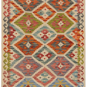Orientmattor Kelim Chobi 64647 rug with intricate geometric patterns in warm earthy tones, traditional handmade kilim design