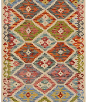 Orientmattor Kelim Chobi 64647 rug with intricate geometric patterns in warm earthy tones, traditional handmade kilim design