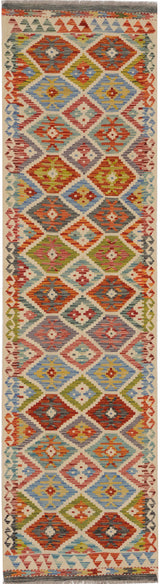 Orientmattor Kelim Chobi 64647 rug with intricate geometric patterns in warm earthy tones, traditional handmade kilim design